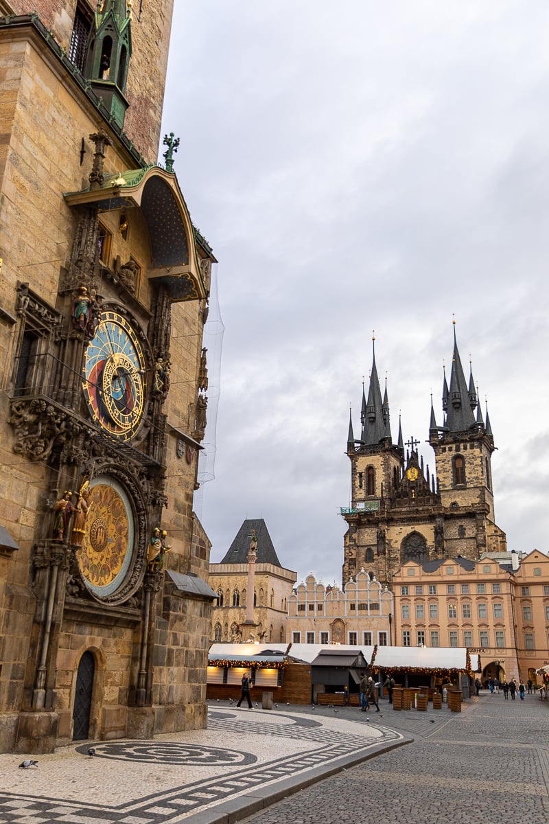 Astronomical Clock in Prague’s Old Town Square with the Church of Our Lady before Týn in the background.