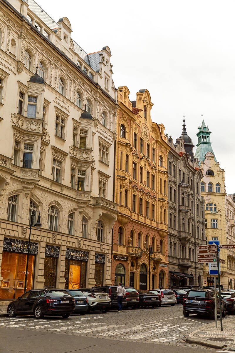 Colorful Art Nouveau buildings and luxury boutiques along Pařížská Street in Prague’s Jewish Quarter.