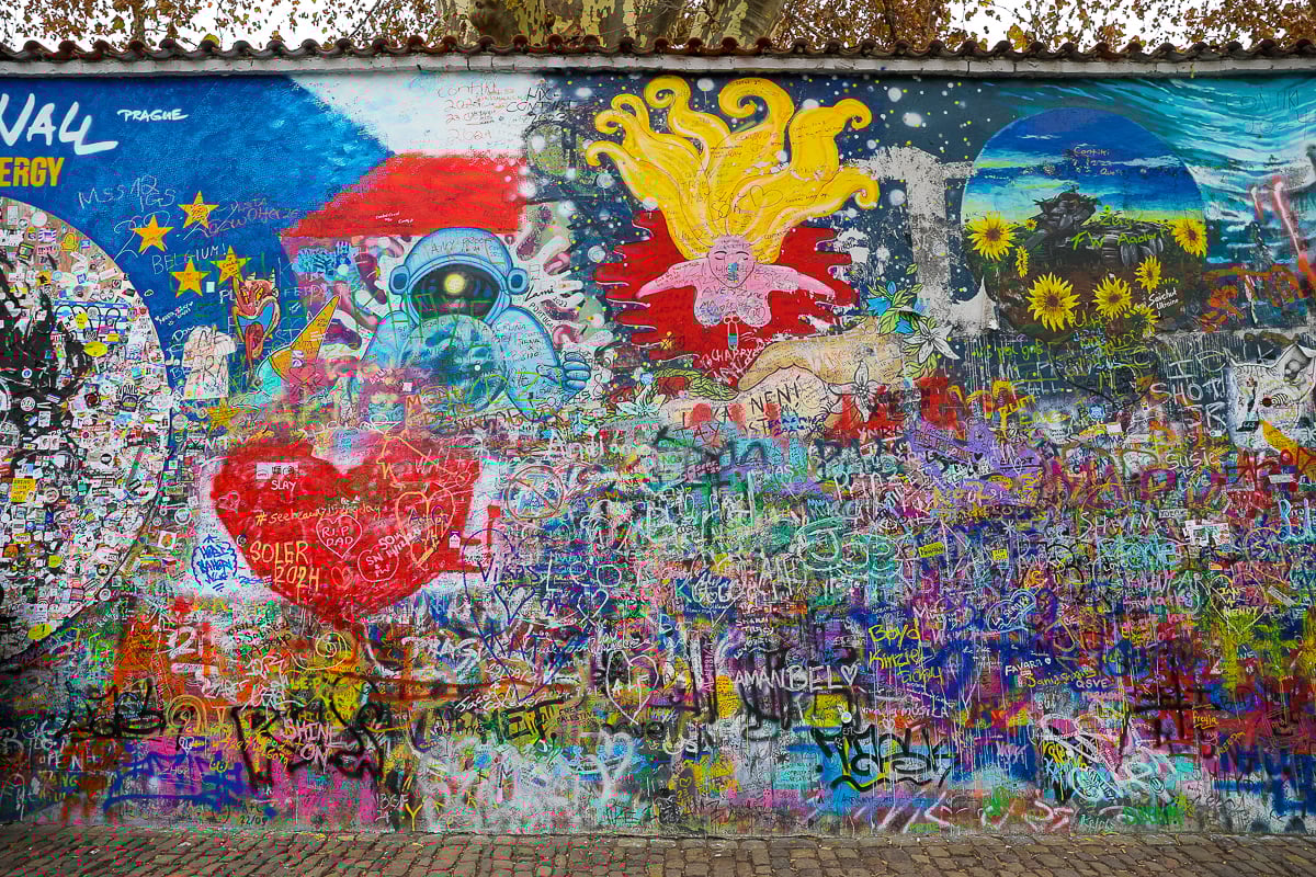 The John Lennon Wall in Prague covered with colorful murals and grafitti