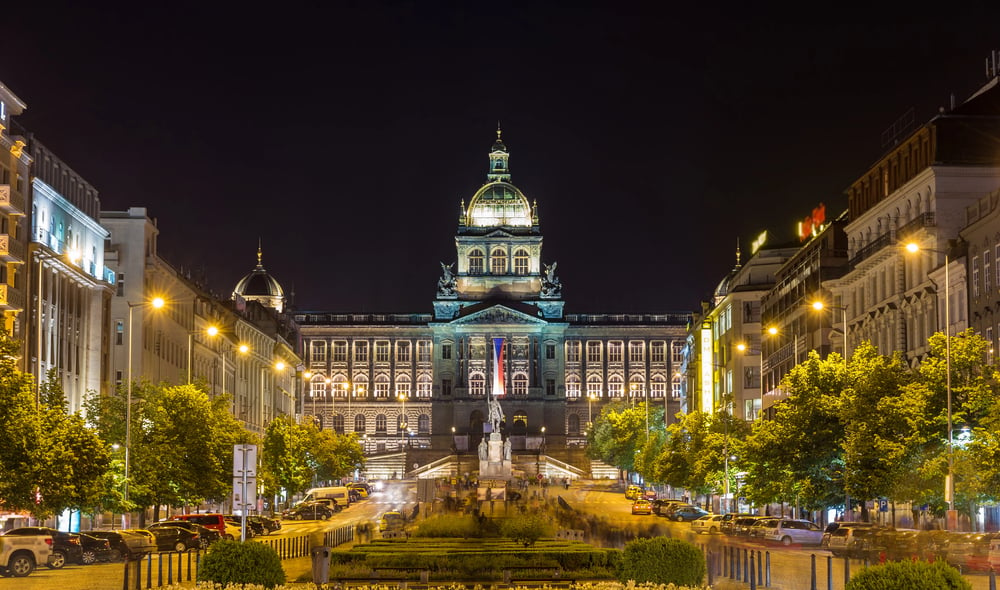 Beautiful outdoor lighting at the Wenceslas Square at night. Don't forget to add this place to your 3 days in Prague itinerary.