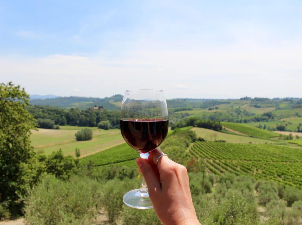Maddy holding a glass of wine with an amazing view of Tuscany on a day trip from Florence