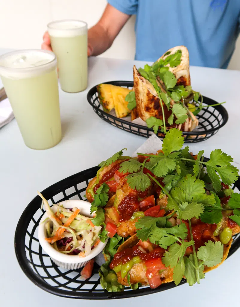 Shrimp tacos, fish burrito, and lemonade in Costa Rica