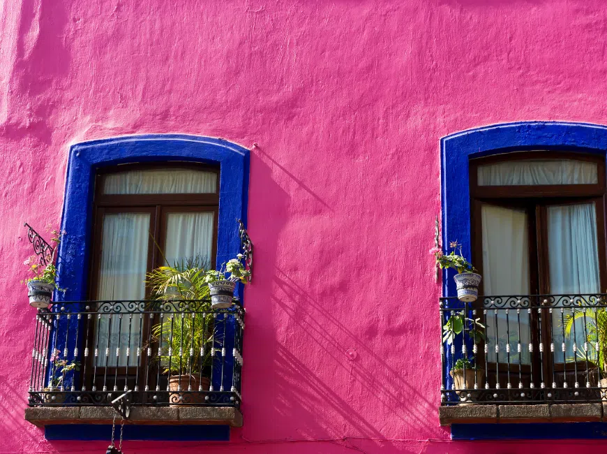 Beautiful pink and blue building in Oaxaca