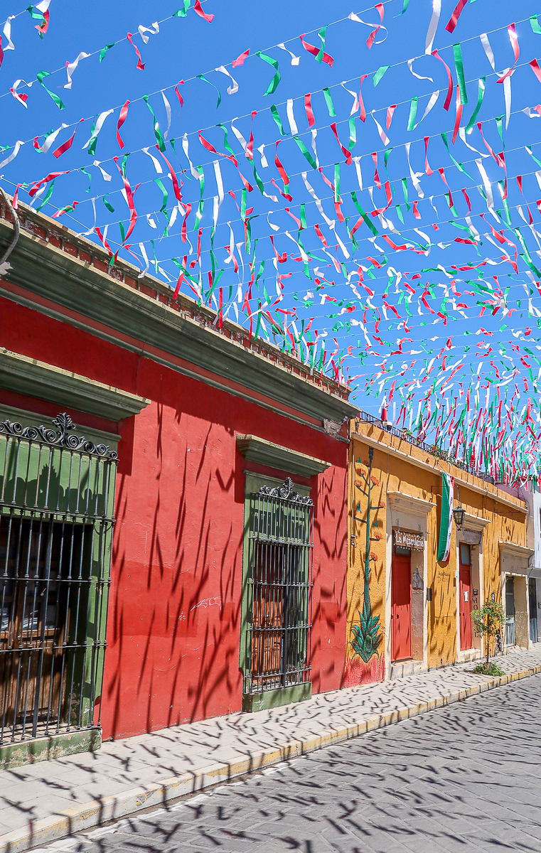Festive flags and colorful buildings beautifying the streets of Oaxaca City, one of the best digital nomad destinations in Mexico
