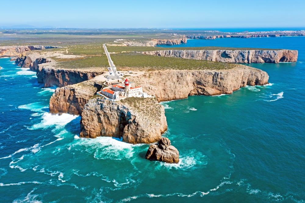 Amazing aerial from the lighthouse 'Cabo Vicente' and the ocean in Portugal