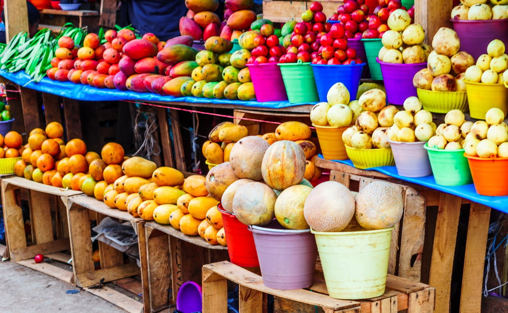 A street market in Guatemala selling tropical fruit