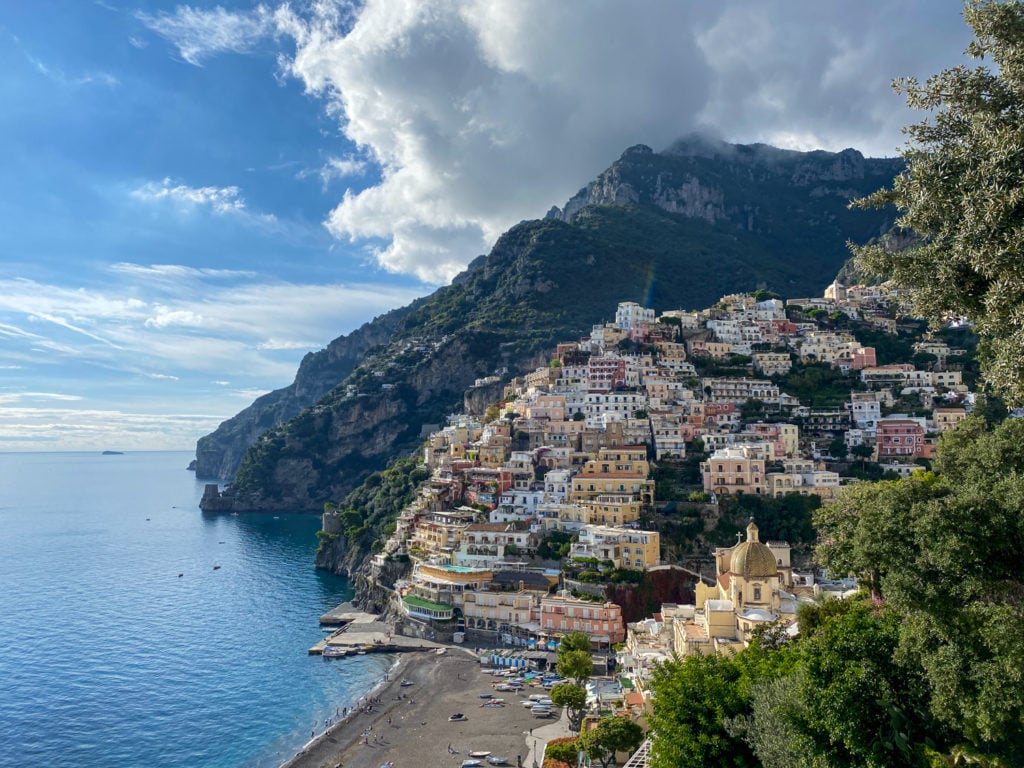 a mountain behind upland houses in Positano, Amalfi Coast