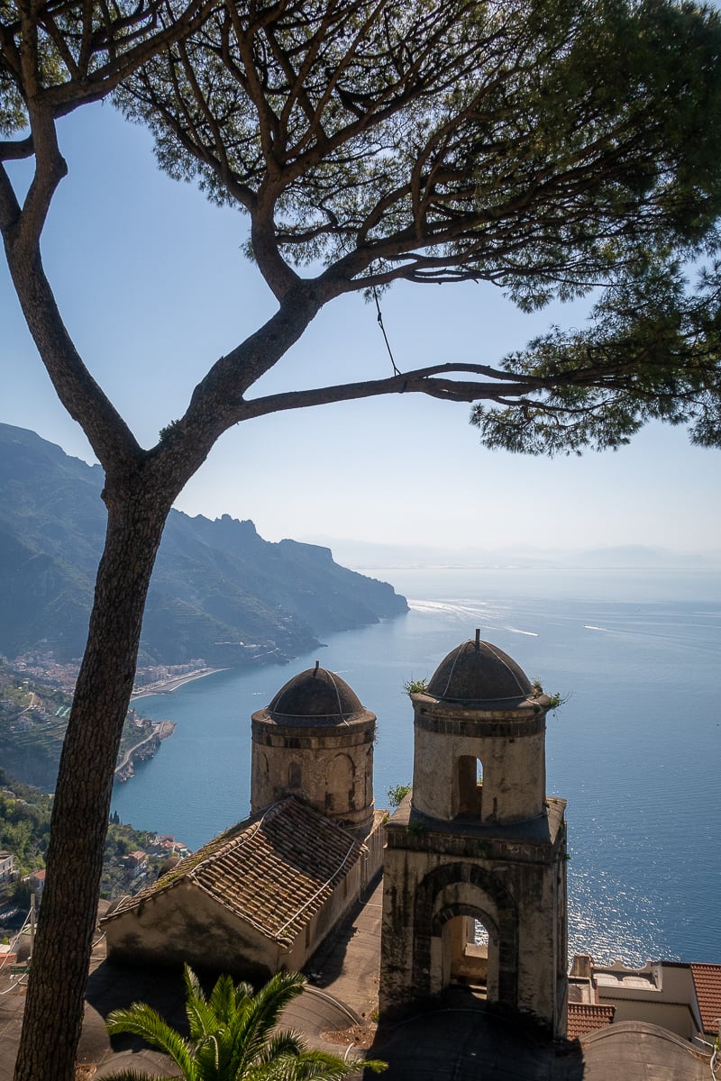 View of the old church and the Amalfi coastline from the Rufolo Villa in Ravello - visiting this villa is a top attraction in Ravello