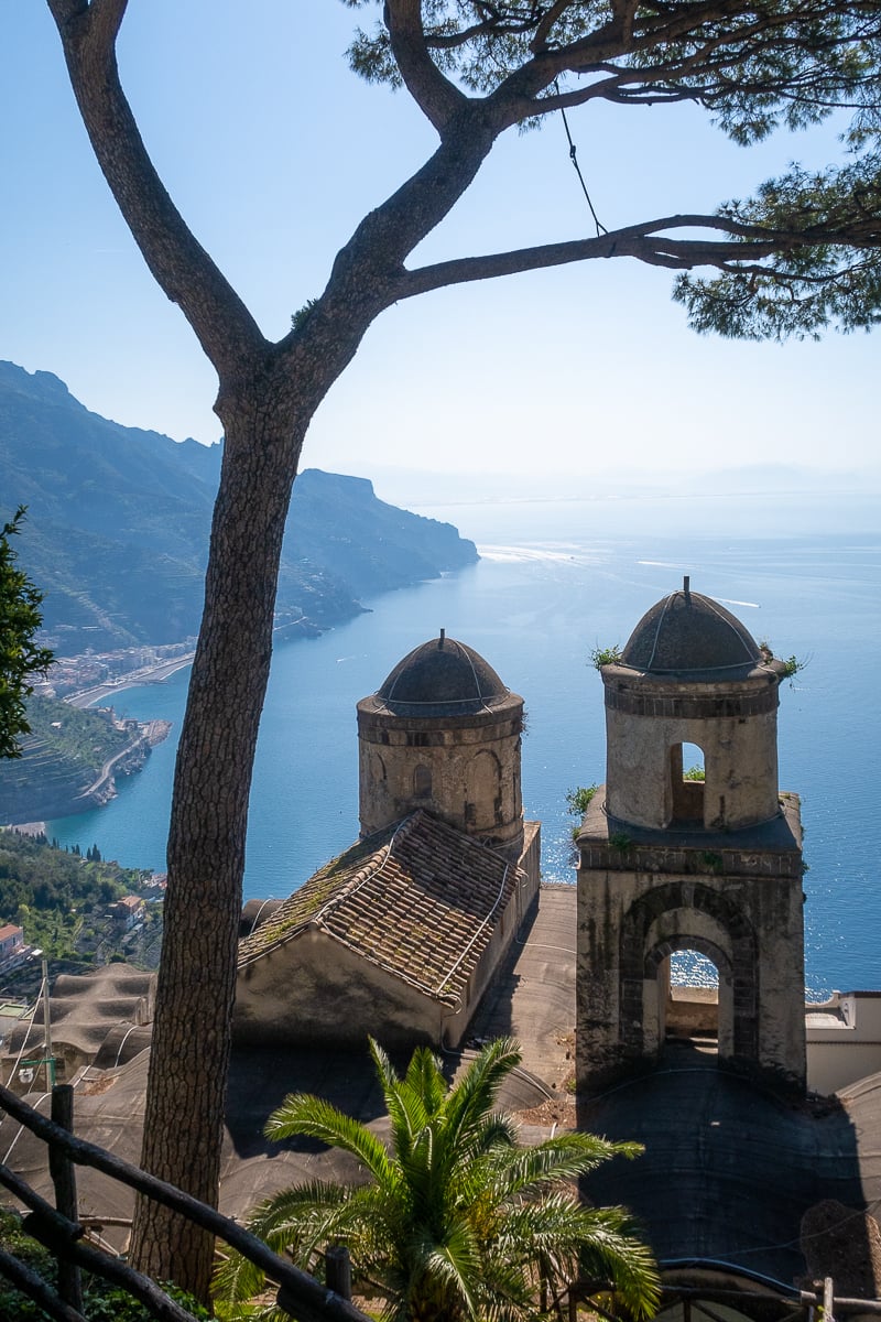 The famous view of the Chiesa Dell'Annunziata with the sparkling sea in the background. This church is a must-see in Ravello, Italy. 