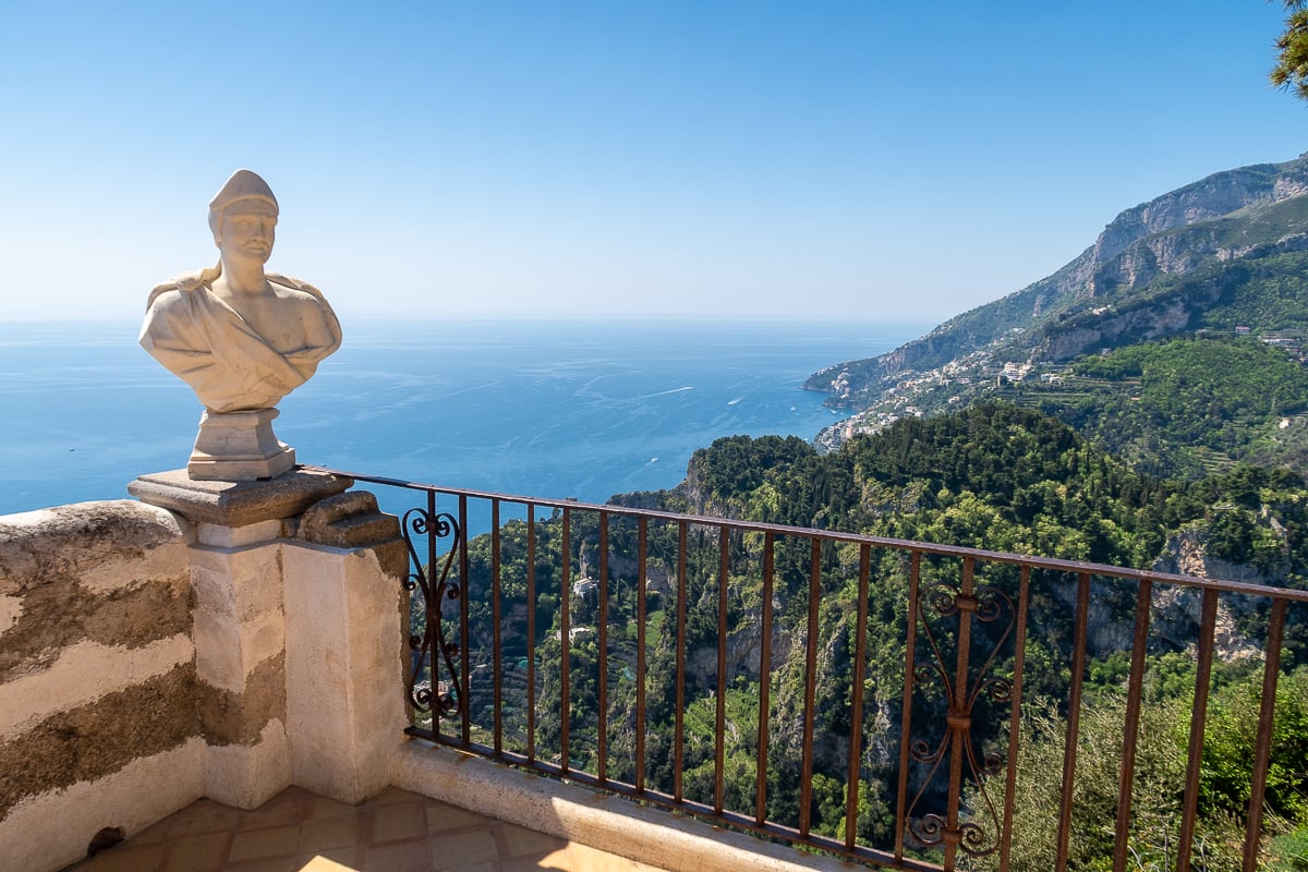 Marble bust at the corner of Terrazza dell'Infinito, a must-see during your one day in Ravello