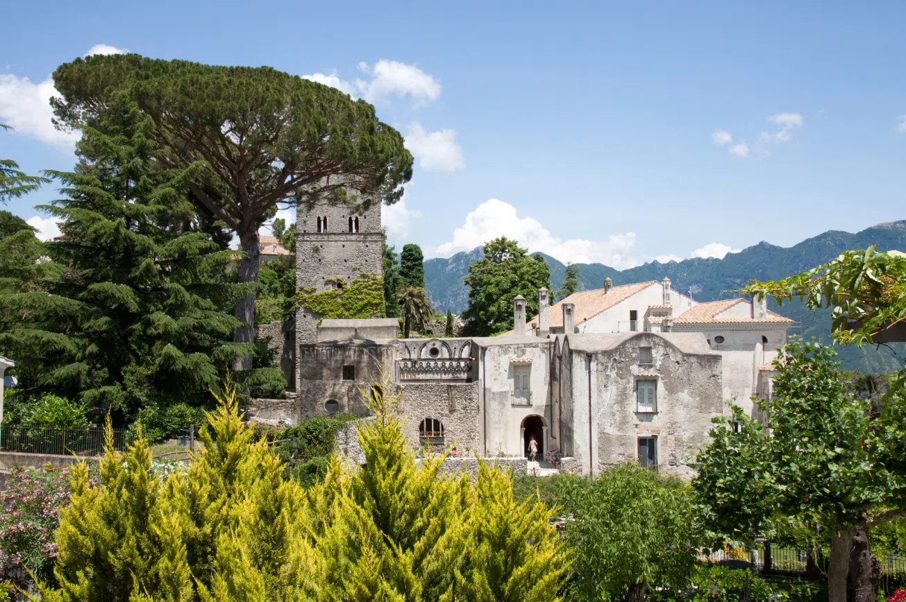 View of the old church and the Amalfi coastline from the Rufolo Villa in Ravello - visiting this villa is a top attraction in Ravello
