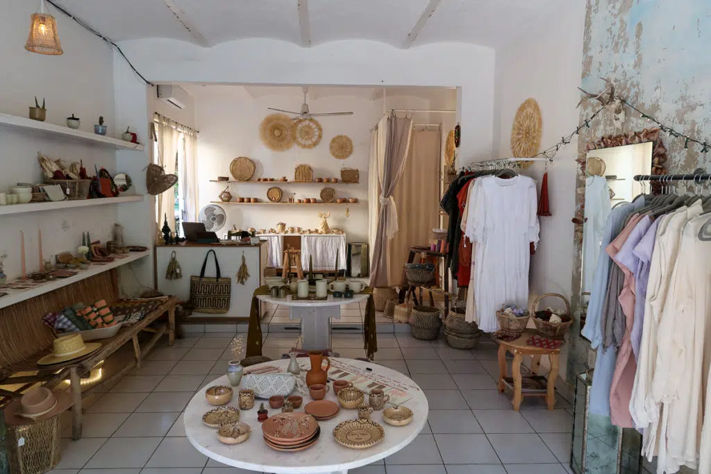 Boutique shop with bohemian style clothes and homewares