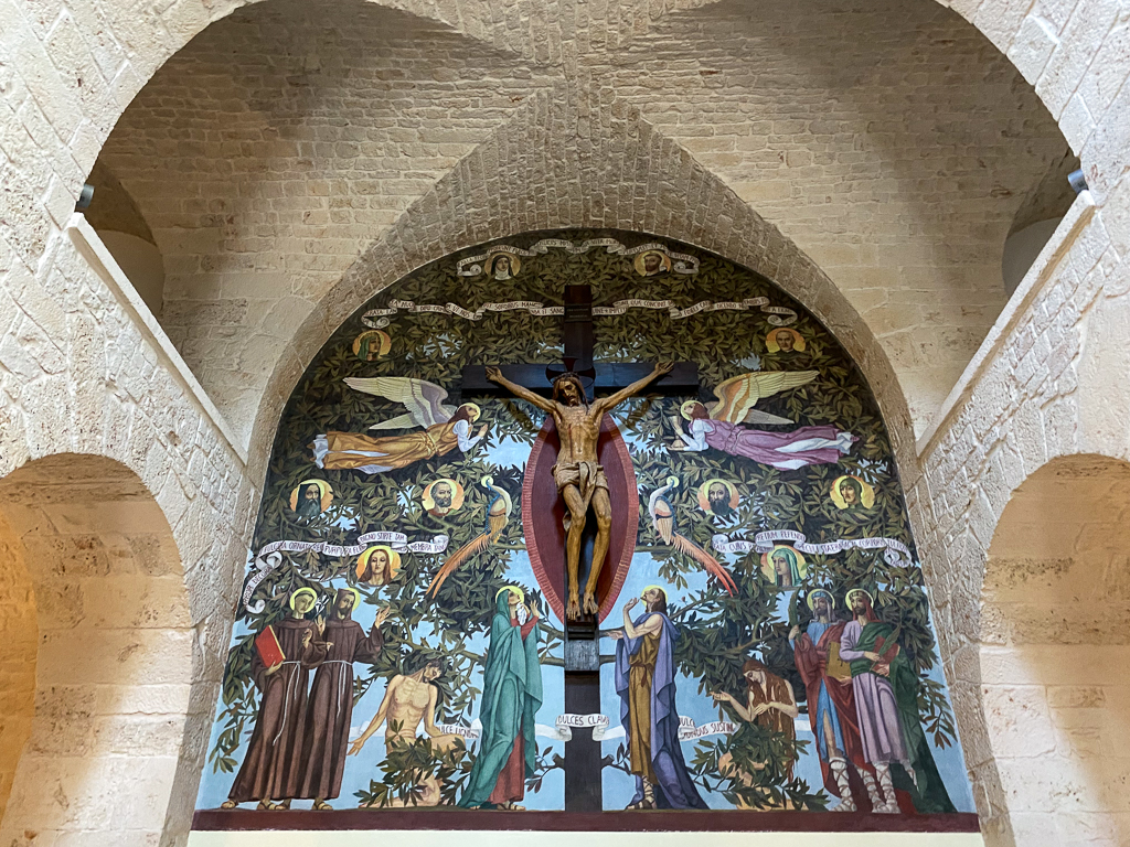 The main altar inside of the trullo church in Alberobello, Italy