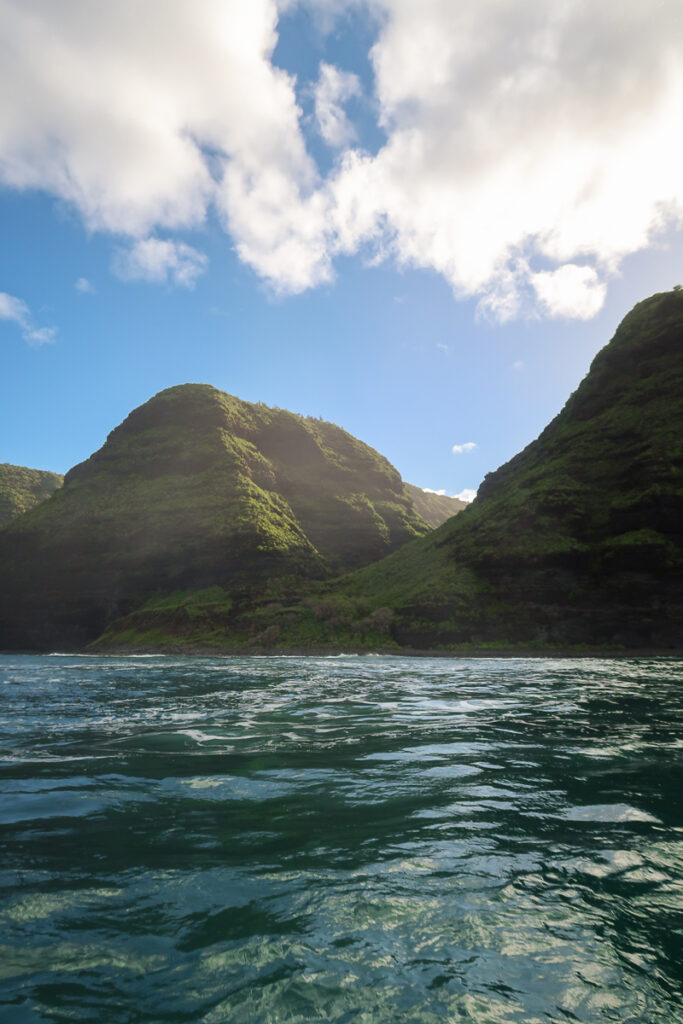 View of Na Pali Coast from a raft while navigating the seas.