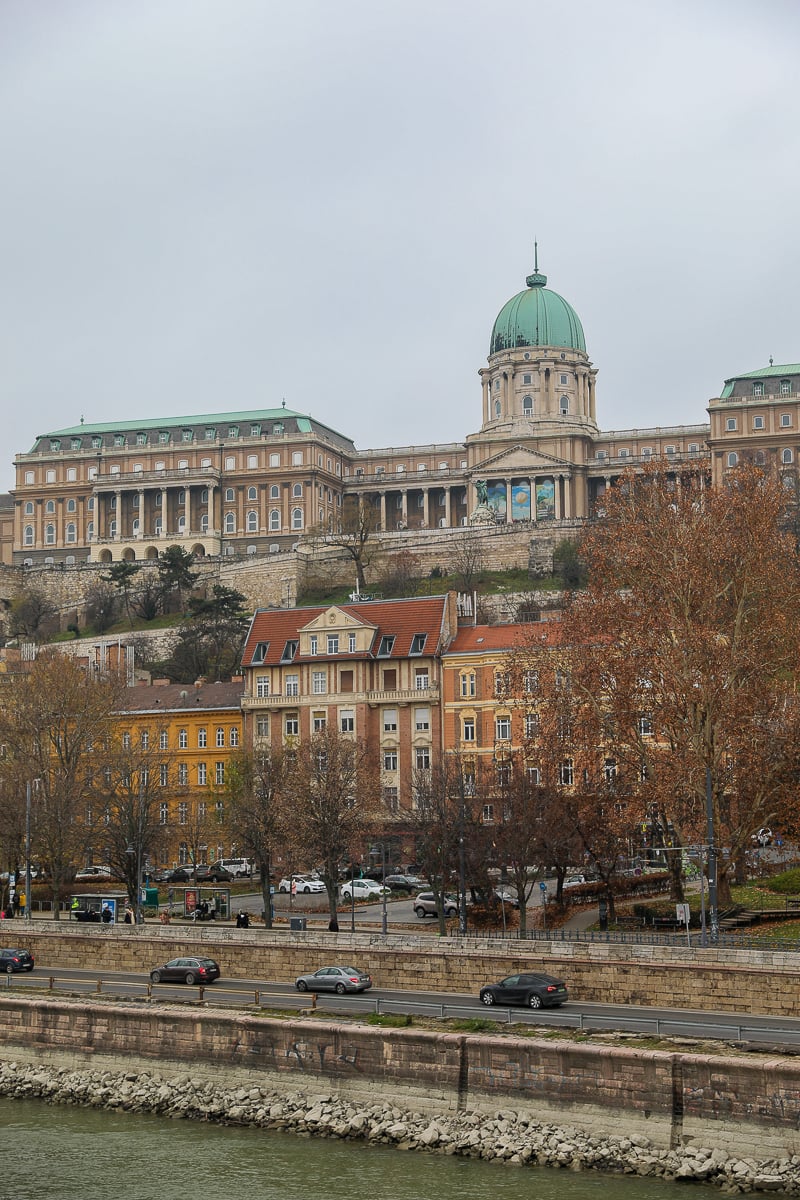 View of the Buda Castle from afar on a cloudy day