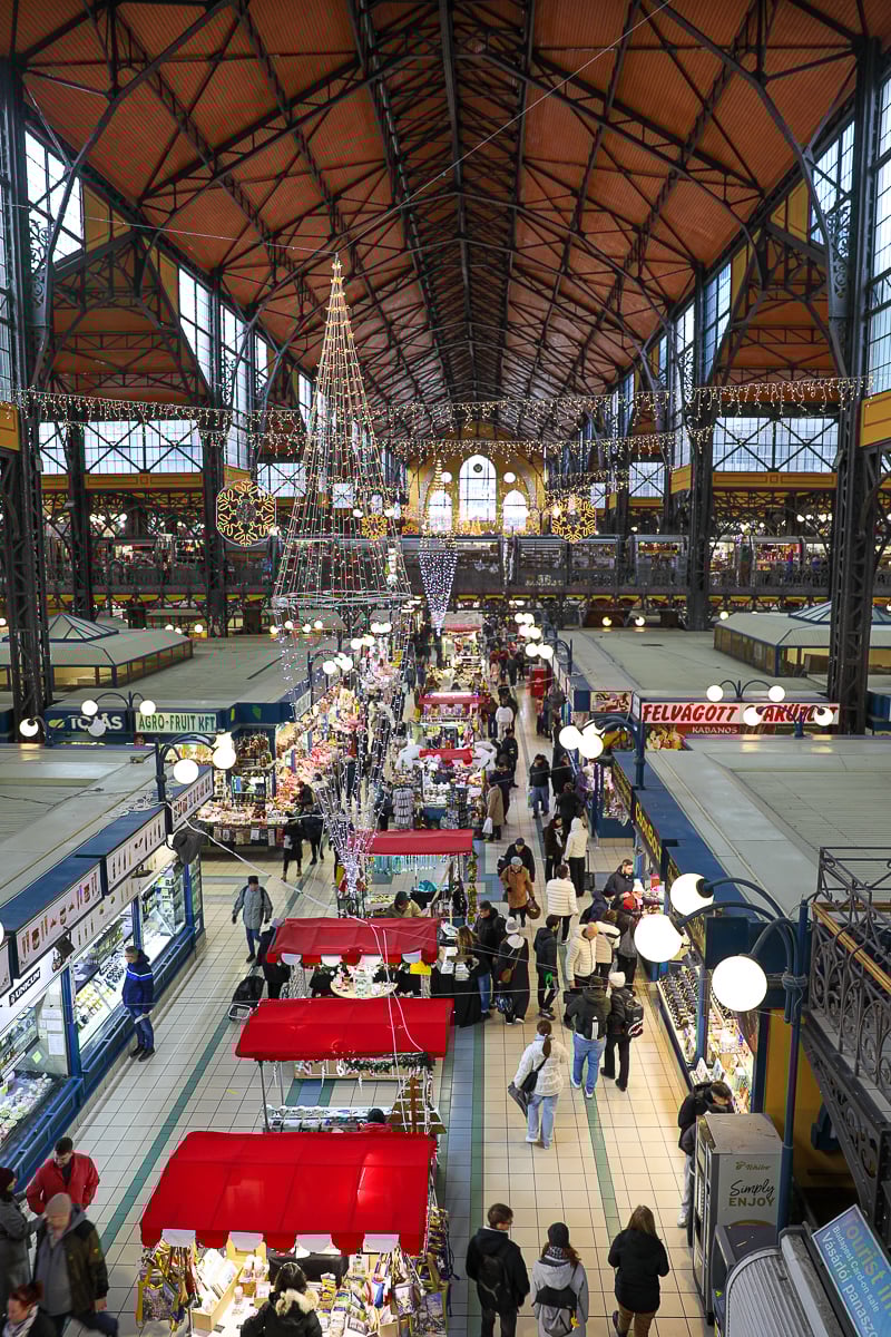 Tourists walking around the Central Market Hall in Budapest
