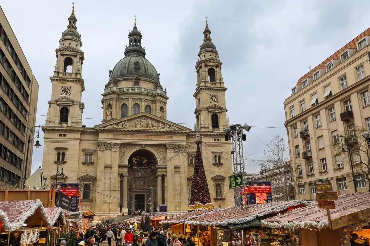 Christmas market in front of the St. Stephen's Basilica in Budapest
