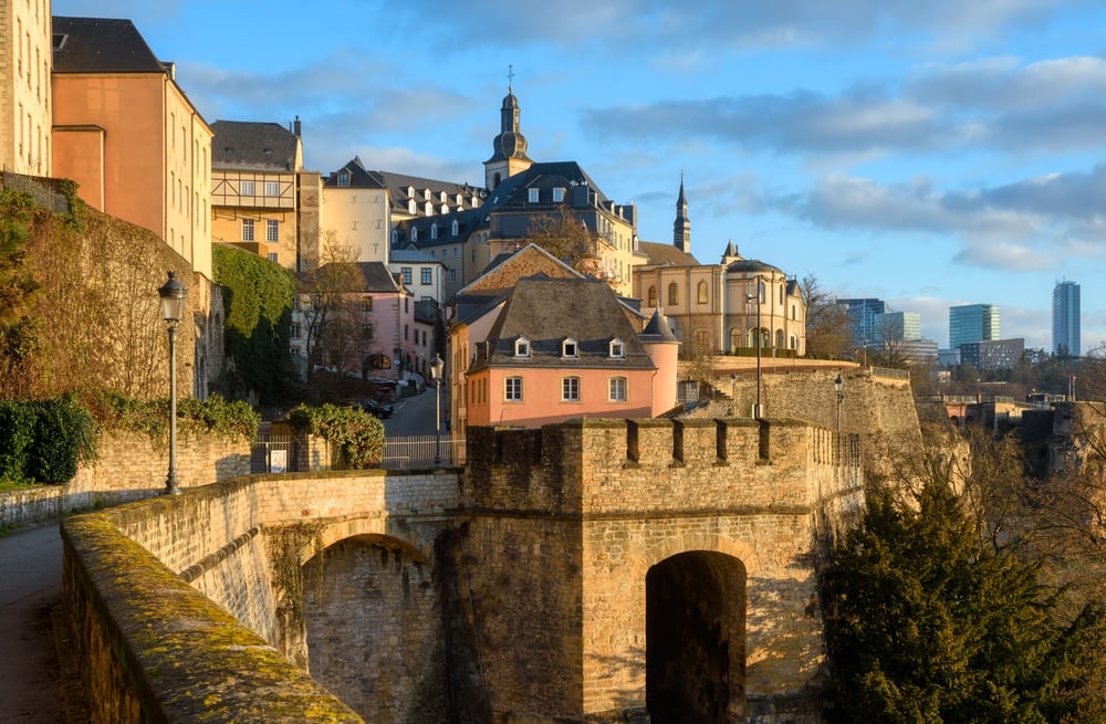 A view of the medieval walls and architecture at sunset