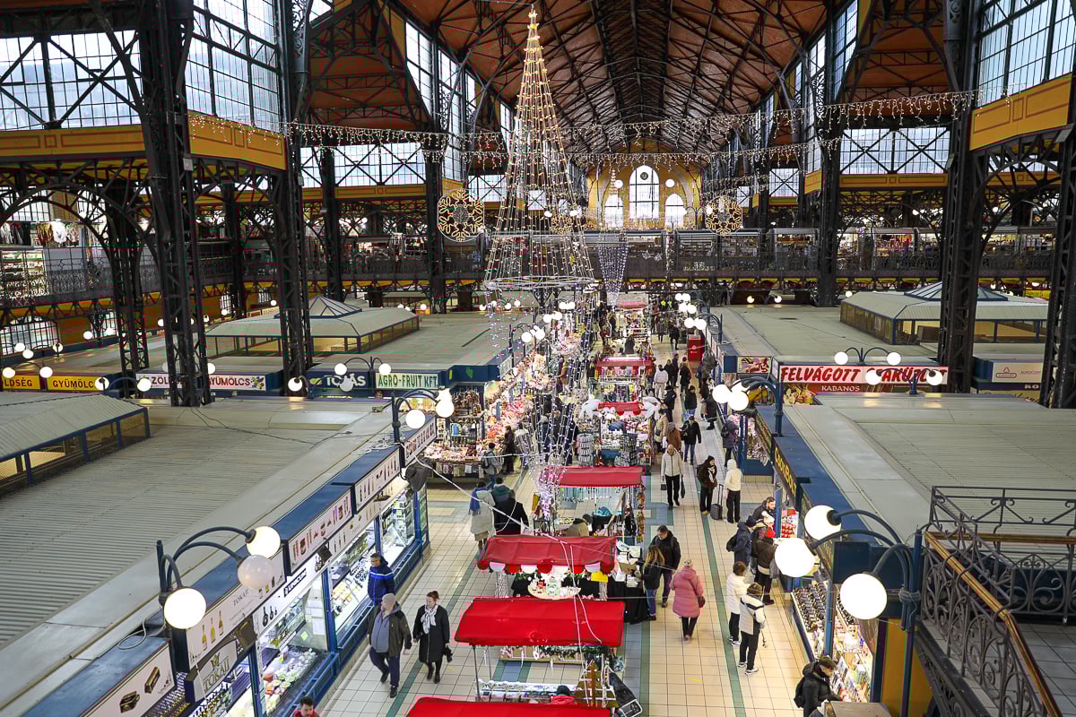 Central Market Hall in Budapest with lots of people buying and walking around