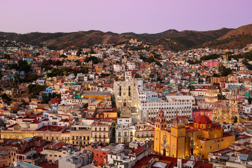 View of Guanajuato from El Pipila at sunset. Visiting here is one of the best things to do in Guanajuato, Mexico!