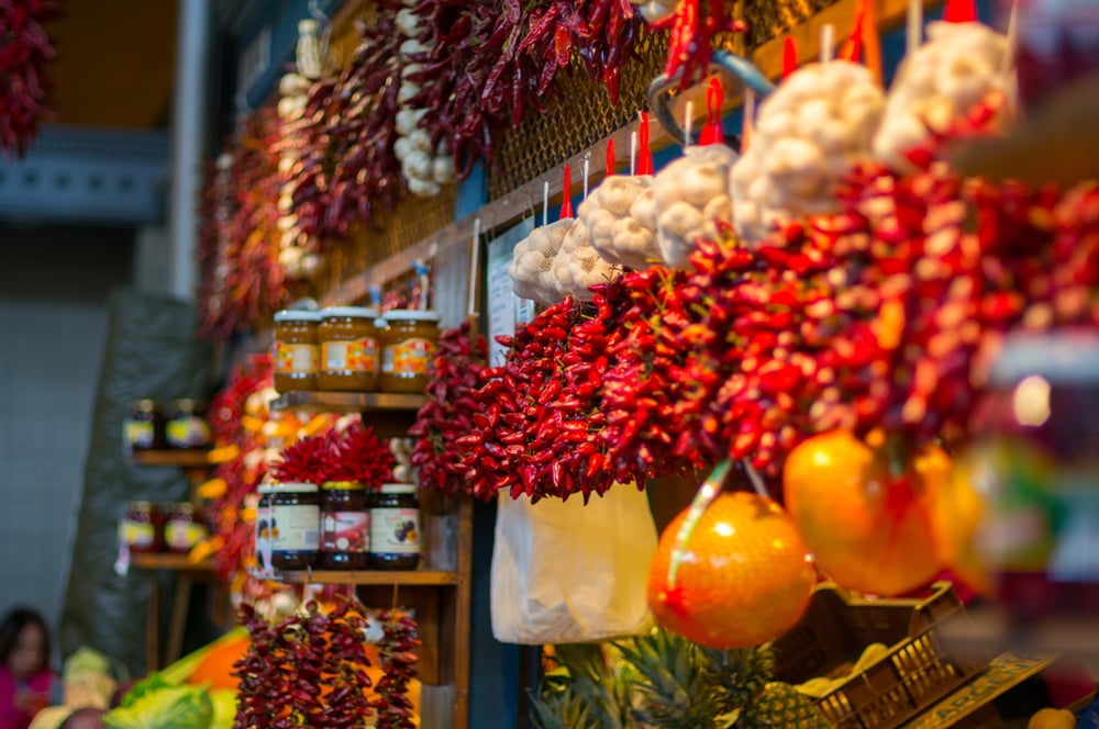 Colorful display of spices at a market in Budapest