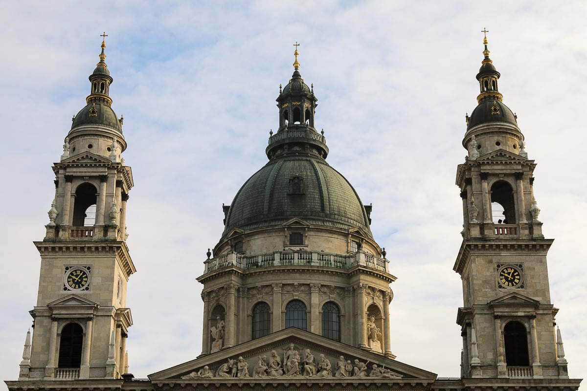 Beautiful architecture of St. Stephen's Basilica and its two clock towers in Budapest