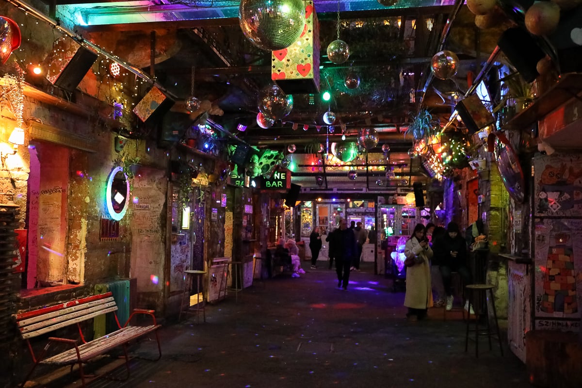 Colorful lights and decor at a ruin bar in Budapest