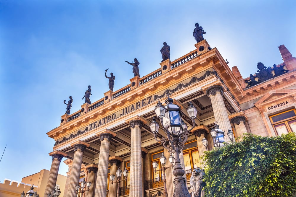 The beautiful facade of Teatro Juarez. Visiting here is one of the best things to do in Guanajuato, Mexico!