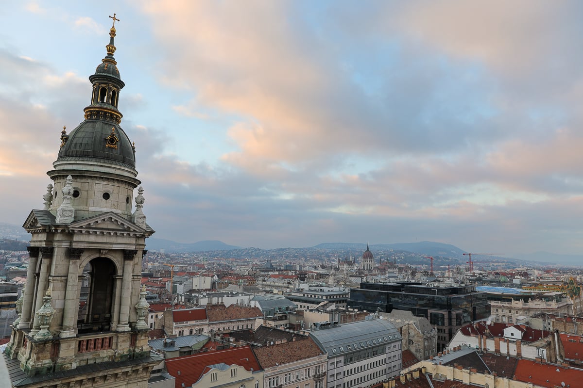 Tower of the St. Stephen's Basilica standing tall among the surrounding buildings in Budapest