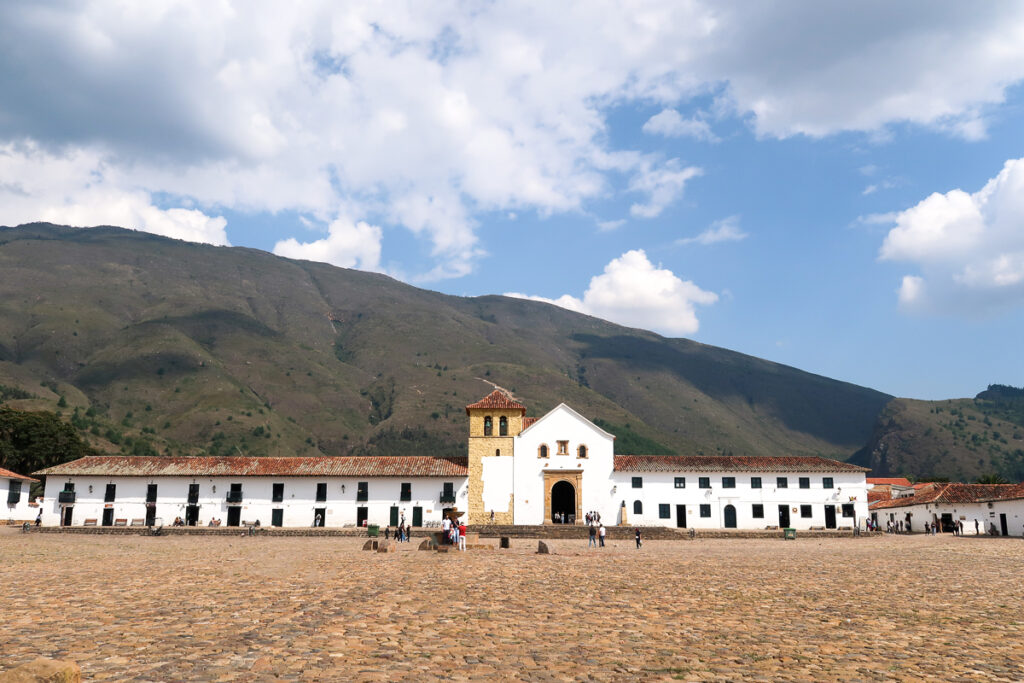 View of the Plaza Mayor in Villa de Leyva. Visiting this square is one of the best things to do in Villa de Leyva.