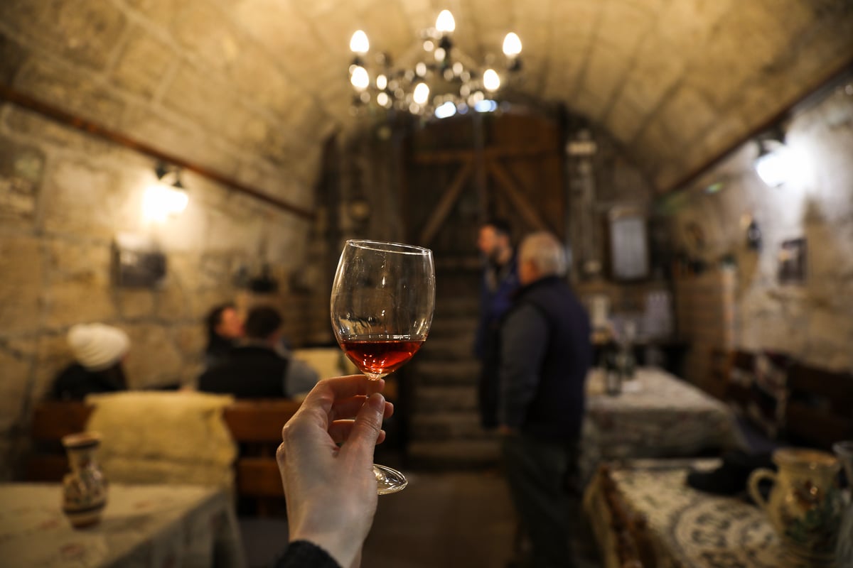 Raising a glass of wine inside a cellar in Budapest