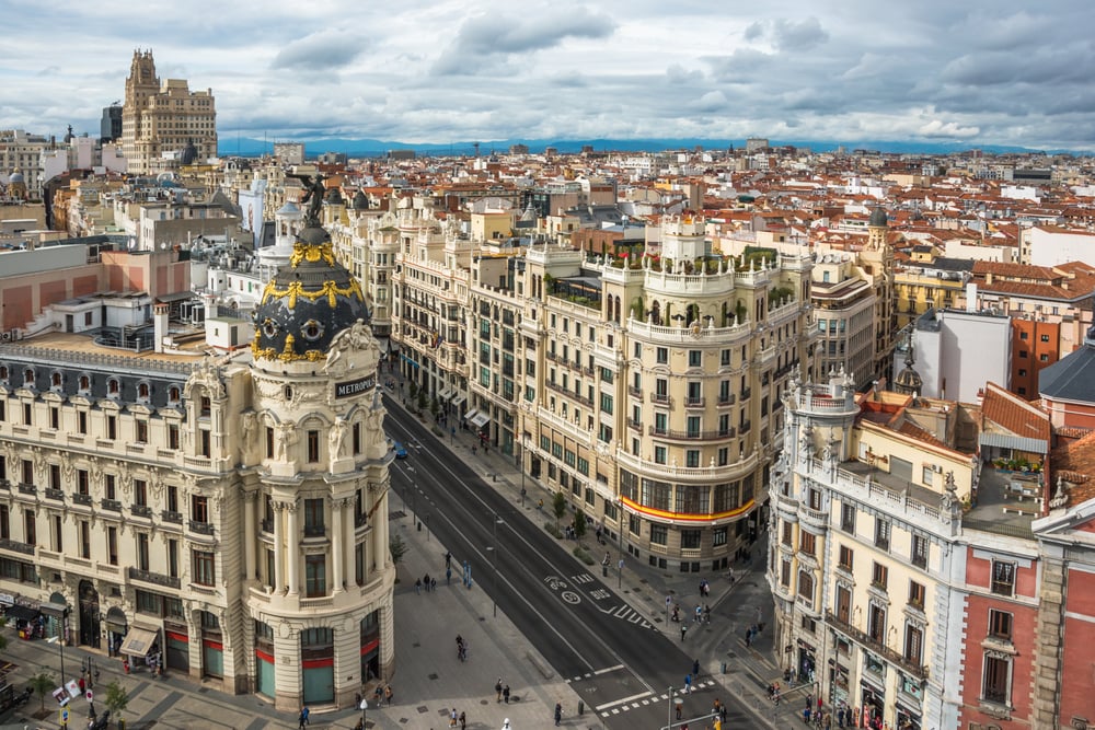 Bird's eye view of Gran Via, the most beautiful street in Madrid, on a cloudy day