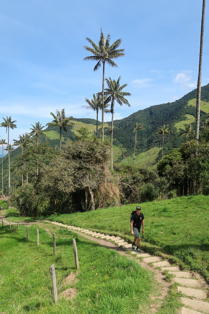 Cacey walking on the narrow concrete steps going uphill as he hikes the Cocora Valley. The green mountains and wax palm trees can be seen in the background under blue skies.