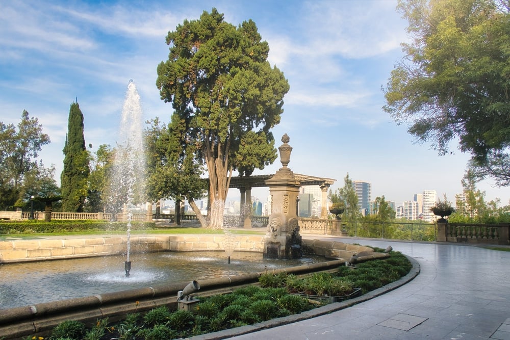 A fountain in Chapultepec Park overlooking Mexico City