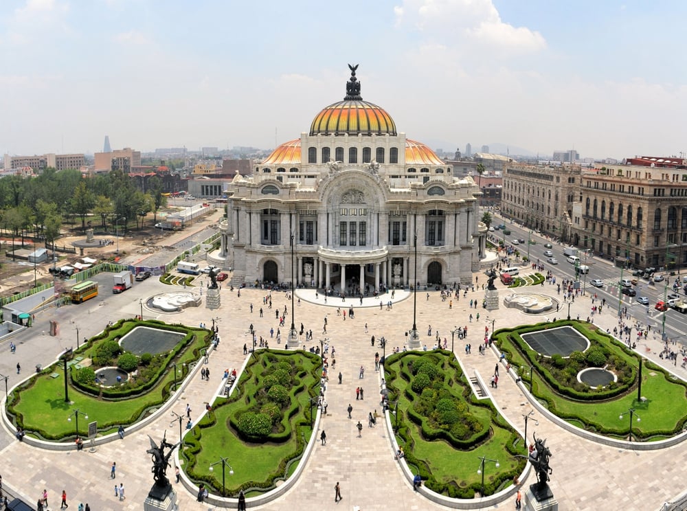 An aerial photo of the Fine Arts Palace Museum with the gardens infront