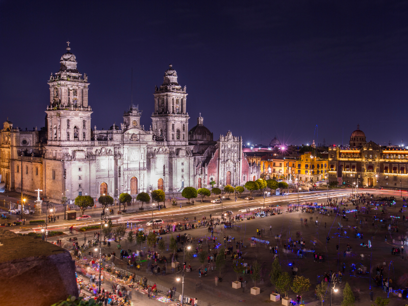 View of the Zocalo at night in Mexico City