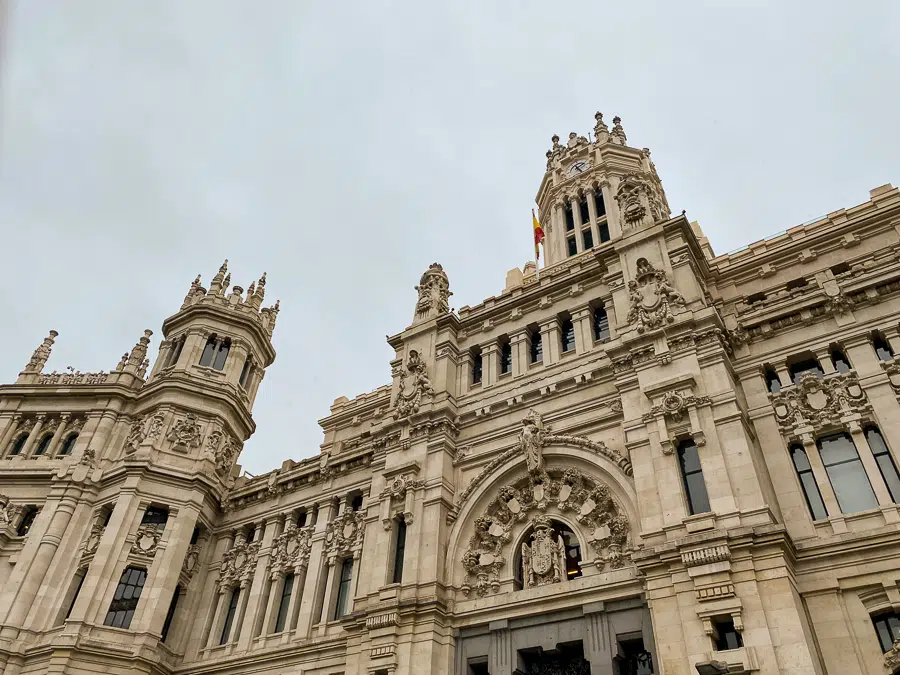 Beautiful architectural building in Madrid, Spain under a gloomy sky