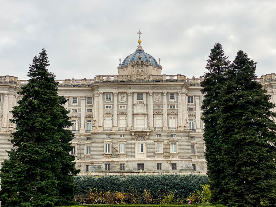 View of the Royal Palace of Madrid through the gardens