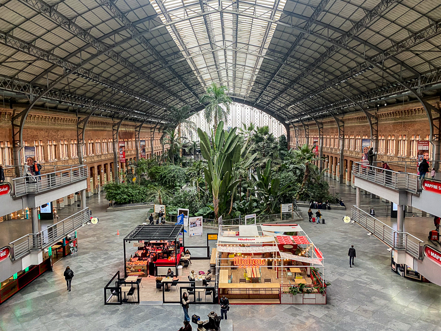 Commuters and food tents in Madrid Train Station with a luscious tropical garden of plants at its center. Taking the train is the best transportation option for your day trip to Toledo from Madrid.