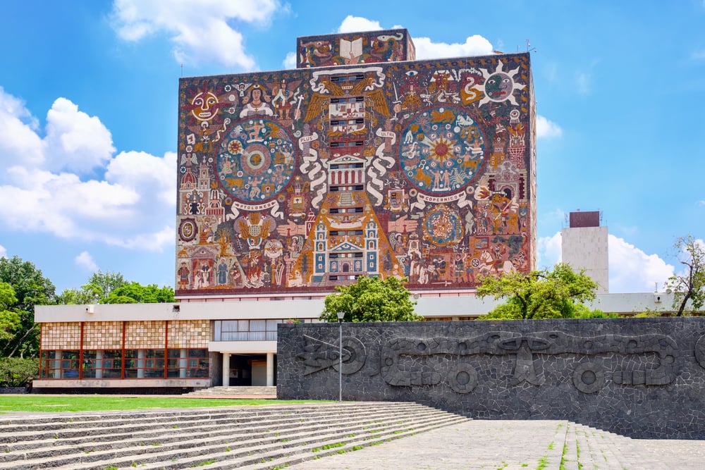 UNAM building featuring colorful artwork