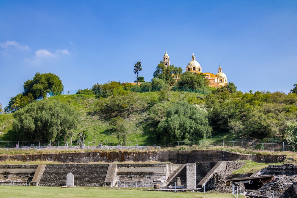 The Great Pyramid of Cholula, a church, and the archaeological zone