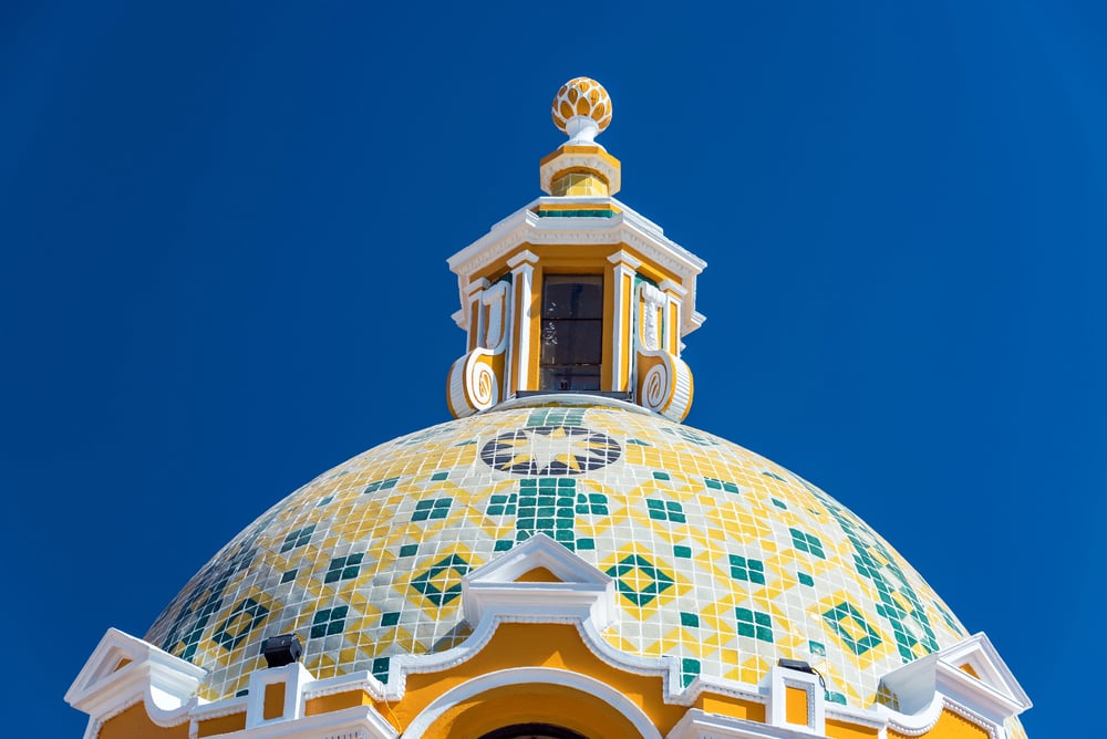 Colorful tiles on the dome of Iglesia de Nuestra Señora de los Remedios in Cholula, Puebla