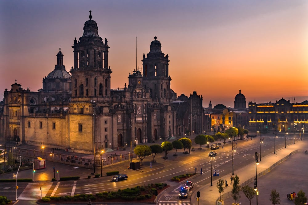 View of the Zocalo with a pink-hue sky