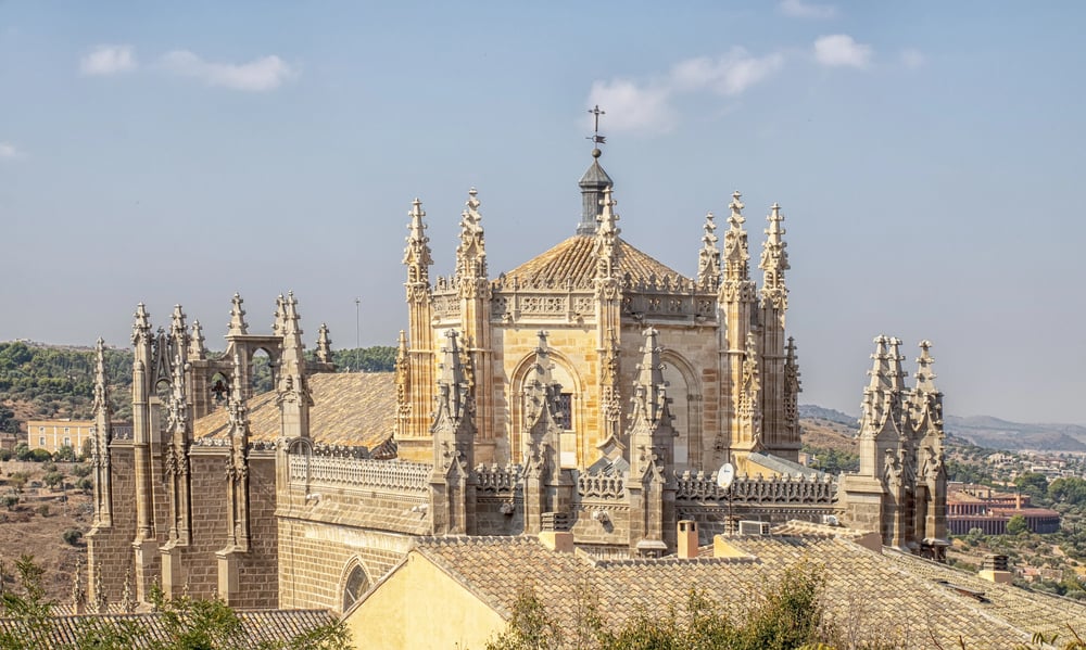 The beautiful church in Toledo with a hazy sky behind