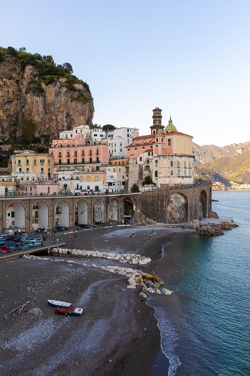 View of the smallest town in Italy: Atrani. Below, there's a black sand beach.