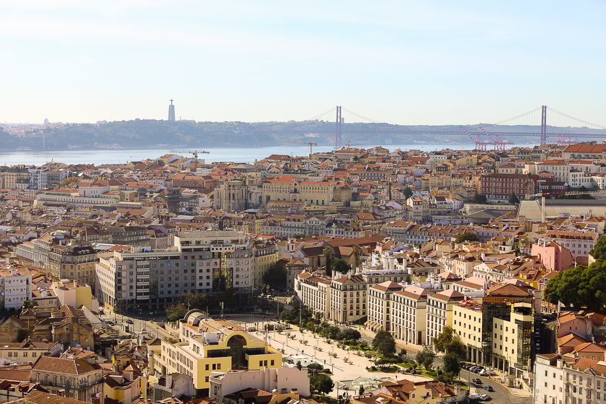 Panoramic view of Lisbon with the suspension bridge in the background