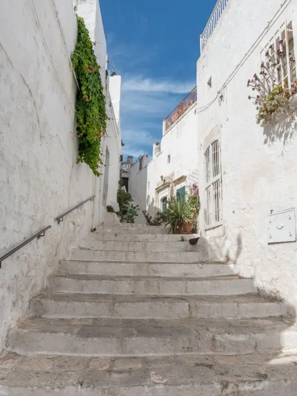 White stairway between white buildings decorated with potted plants and flowers. Trekking these white-painted staircases is one of the best things to do in Ostuni, Italy.