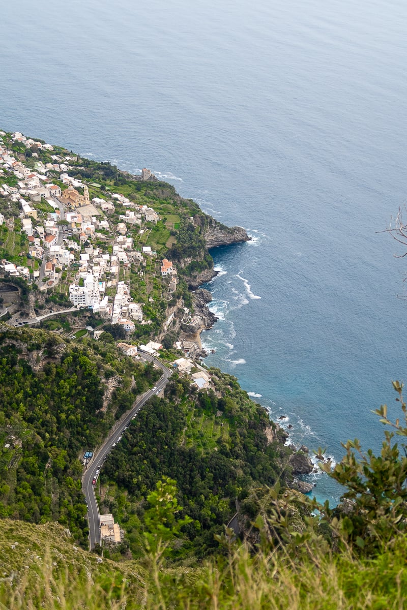 A view looking down on Praiano from the Path of the Gods.