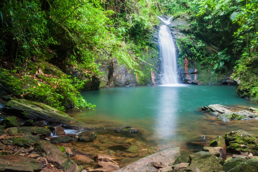 Waterfall in the middle of a jungle in Cockscomb Basin Wildlife Sanctuary, Belize