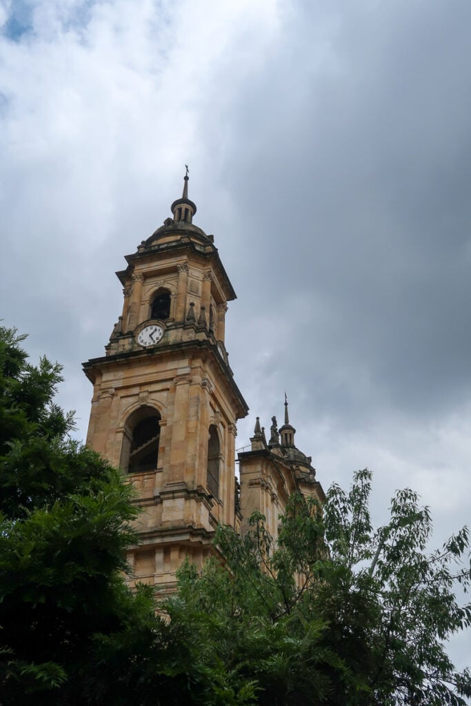 Clock tower of a cathedral in Bogota, Colombia